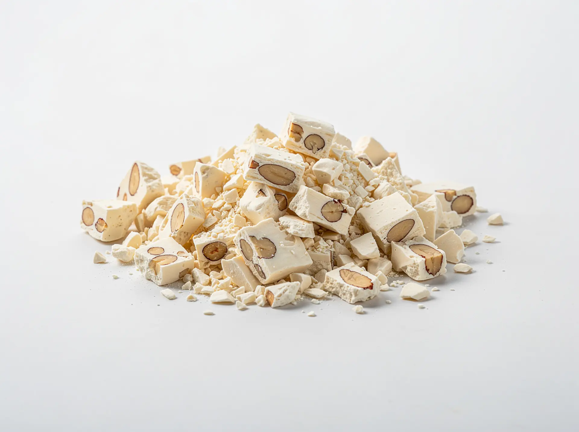 A heap of crushed white nougat with almond pieces on a white surface