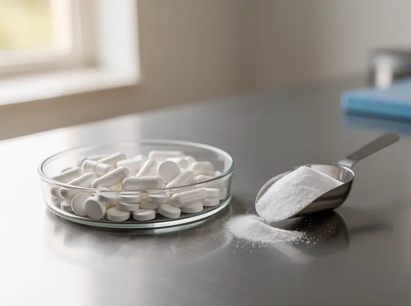 White tablets and capsules beside amino acid powder
