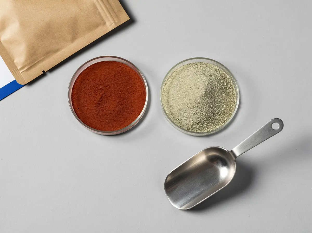 Reddish-orange and pale yellow iron powders in glass petri dishes