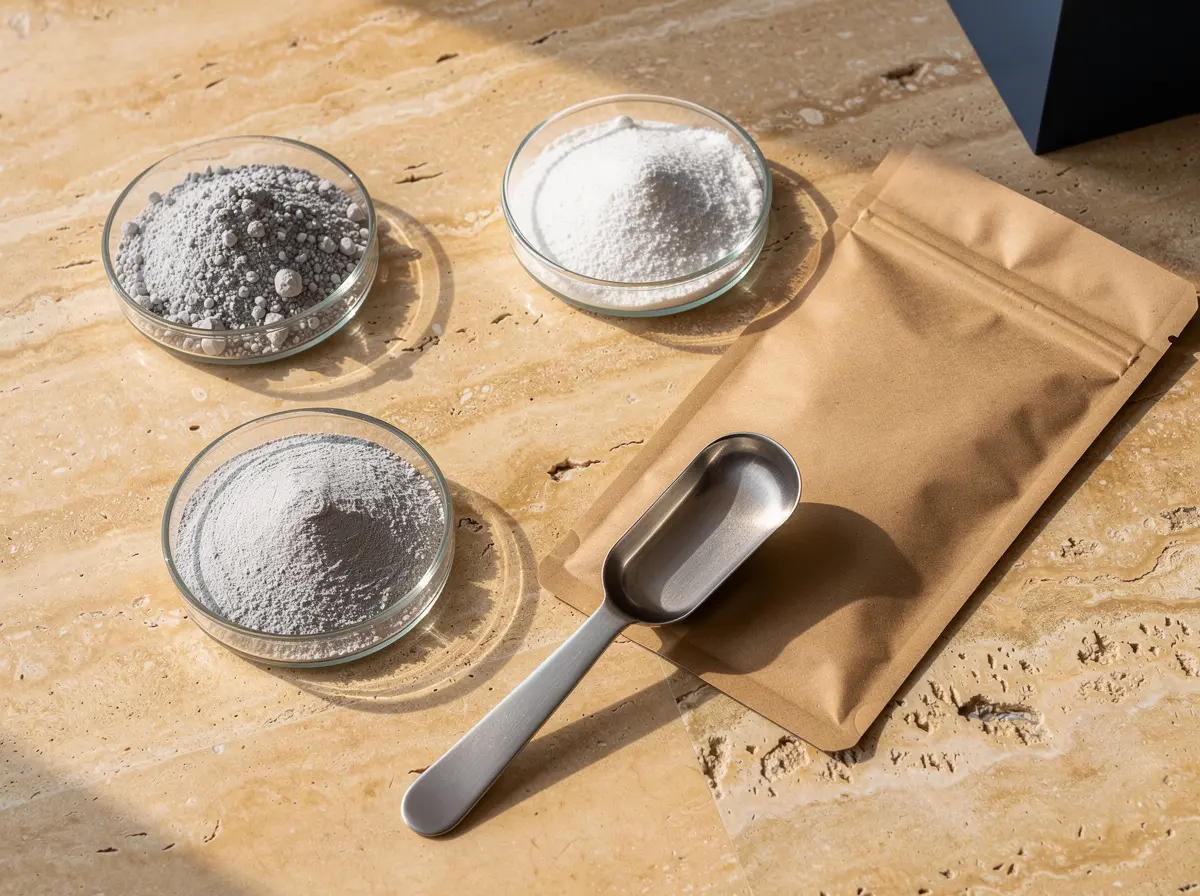 Mineral ingredient powders in glass petri dishes