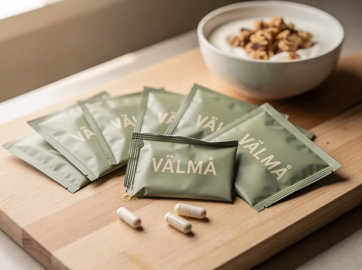 Supplement sachets on a breakfast board, one opened with capsules
