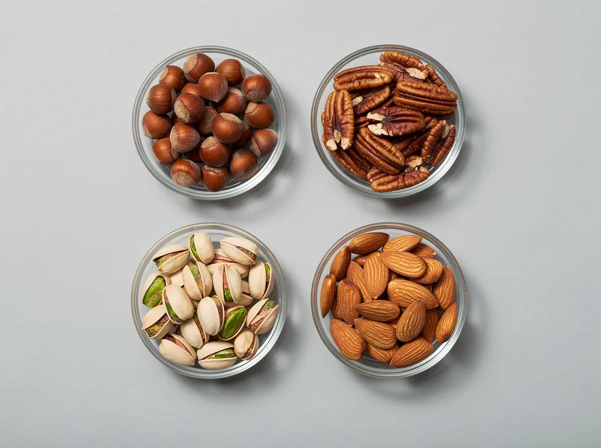 Hazelnuts, pecans, pistachios and almonds in glass dishes