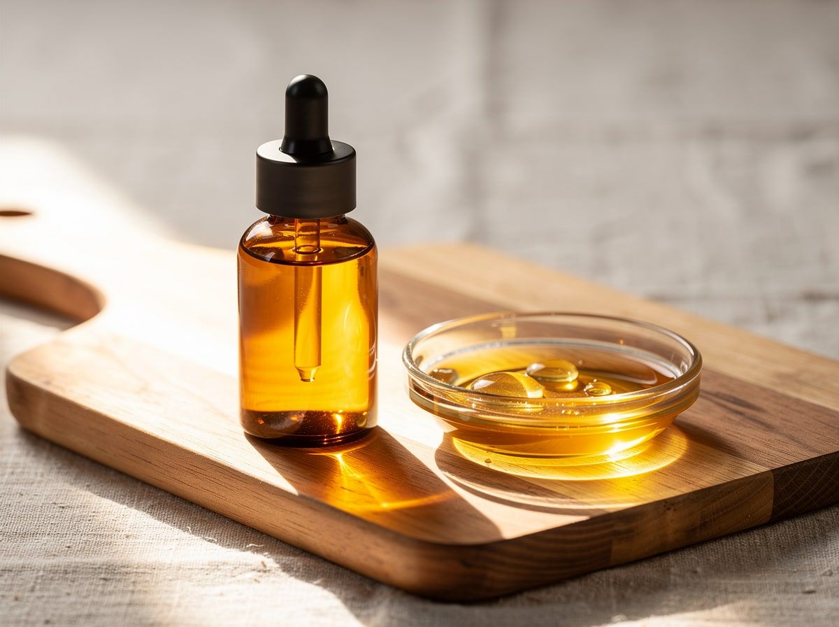 Amber dropper bottle and a small dish of golden liquid on a wooden board