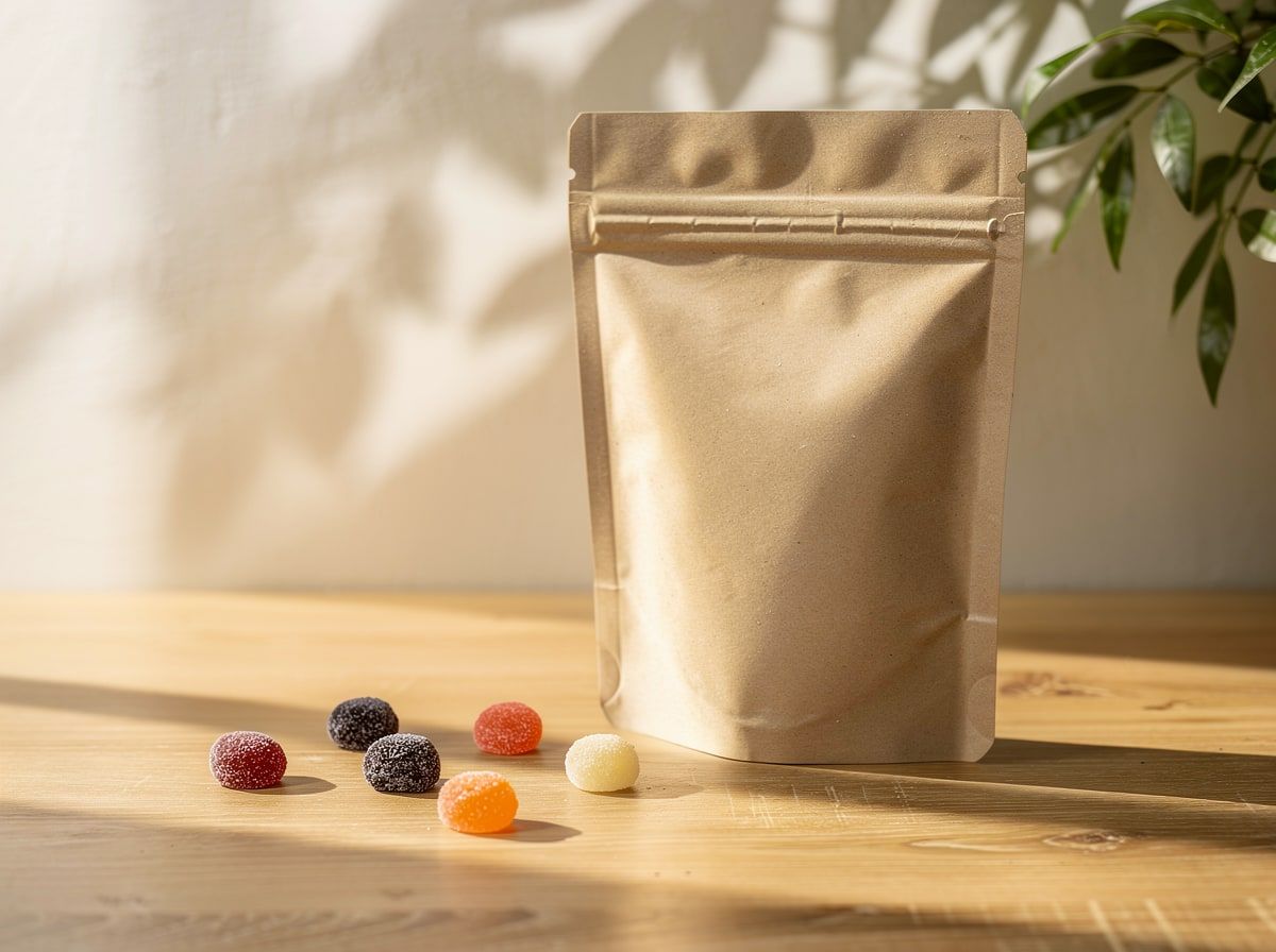 Plain unbranded kraft stand-up pouch on an oak counter, a few sugar-coated gummies in front of it