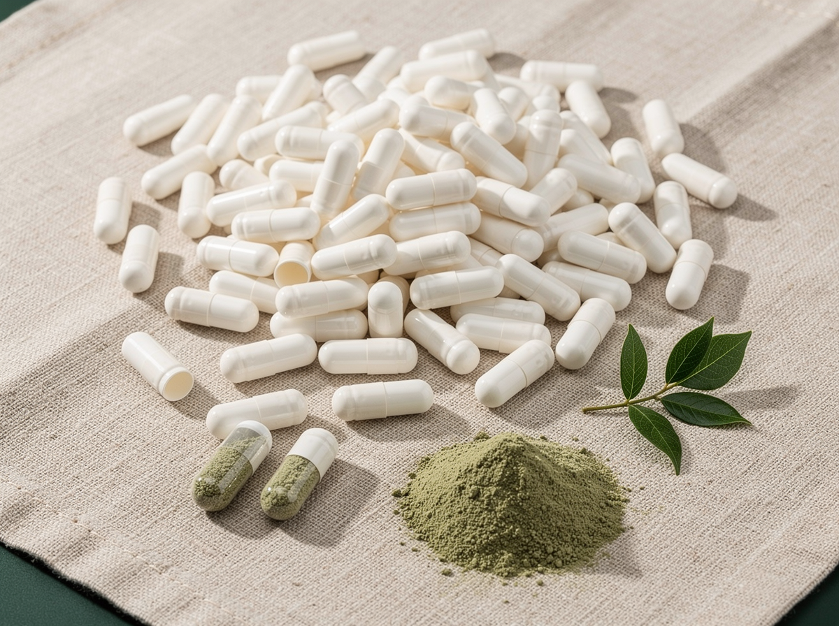 Empty white two-piece HPMC vegetable hard capsules with a small heap of green herbal powder and a leaf sprig
