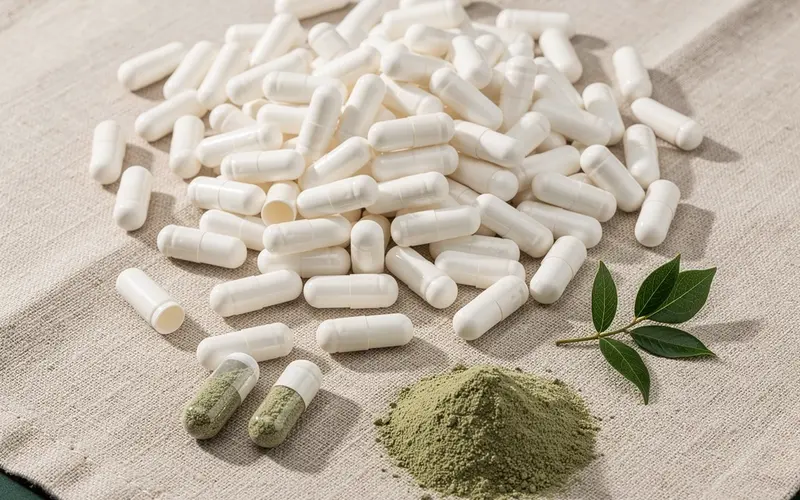 Empty white two-piece HPMC vegetable hard capsules with a small heap of green herbal powder and a leaf sprig