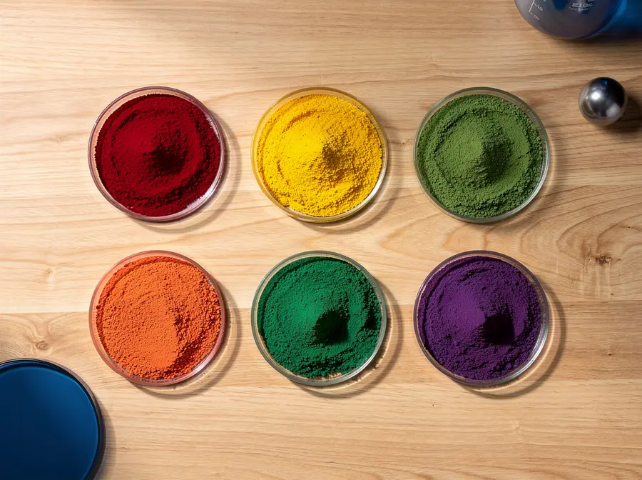 Colour ingredient powders in glass petri dishes