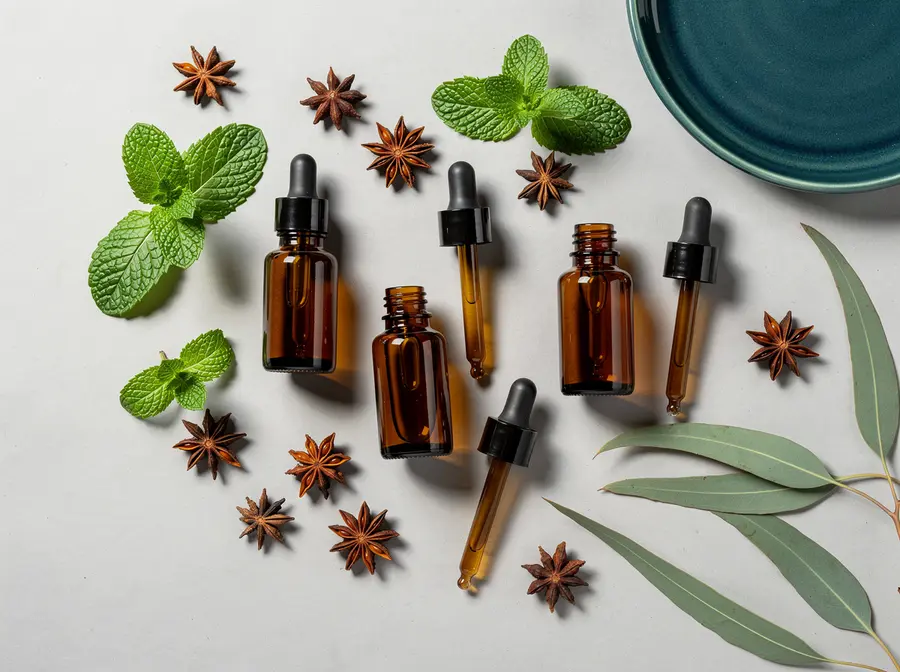 Essential oils in glass dropper bottles with star anise, mint and eucalyptus leaves