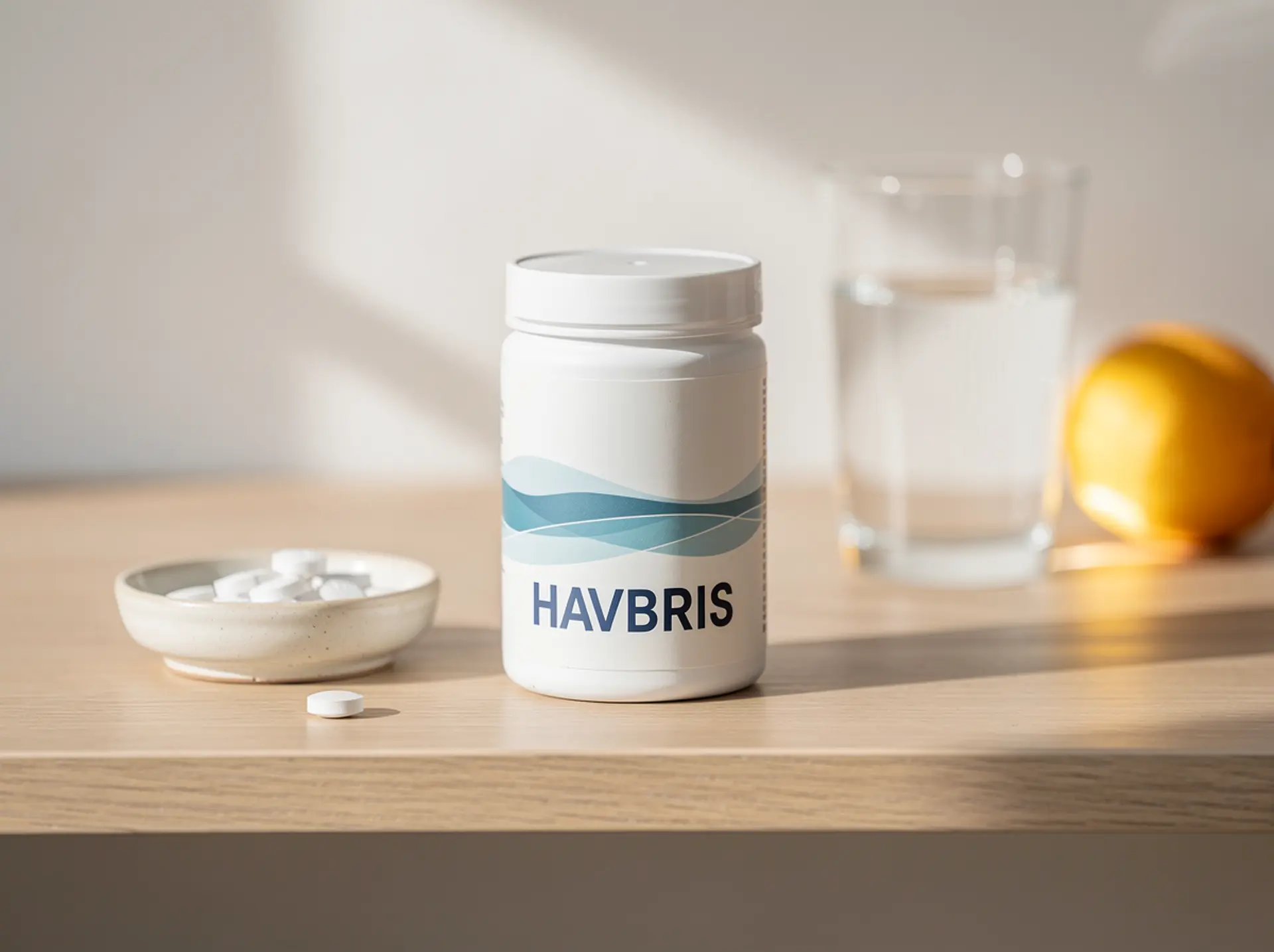 Supplement tablets with a branded can on a kitchen shelf