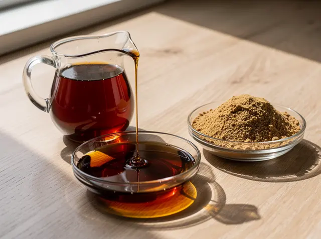 Caramelised sugar syrup being poured beside a dish of instant caramel powder