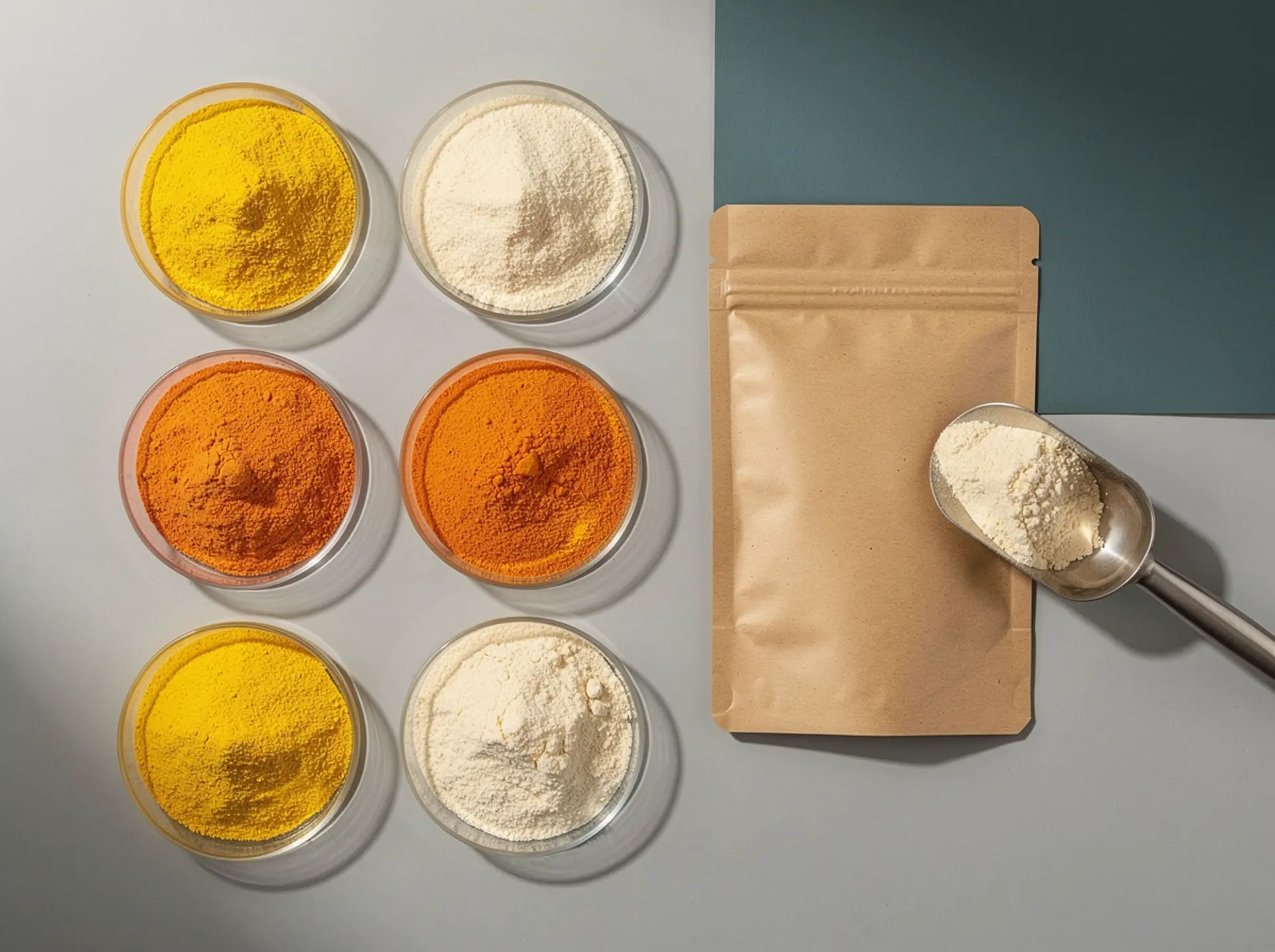 Assorted vitamin ingredient powders in glass petri dishes