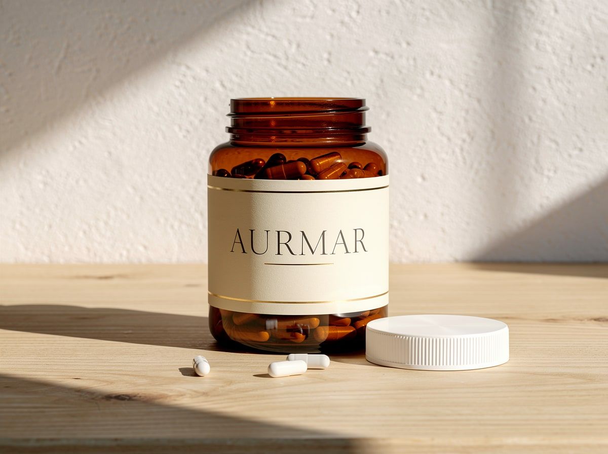 Amber AURMAR supplement jar with a cream label on an oak worktop in morning sun, its lid and a few capsules beside it