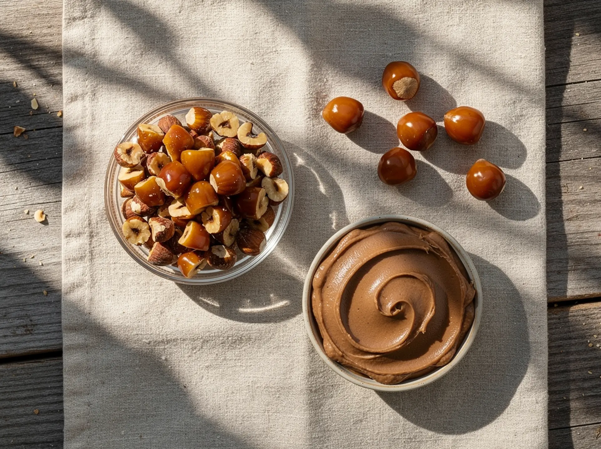 Caramelised hazelnuts, halved and whole, and hazelnut paste