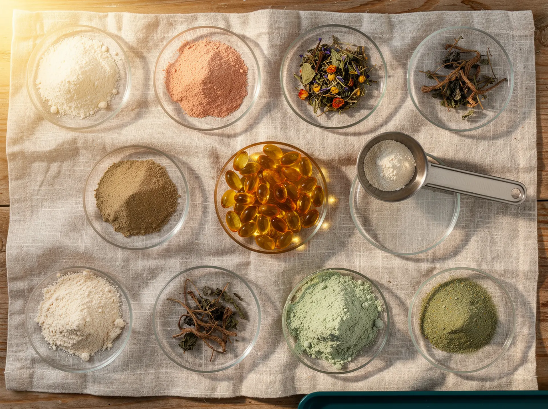 Assorted supplement ingredients in glass dishes on a linen cloth