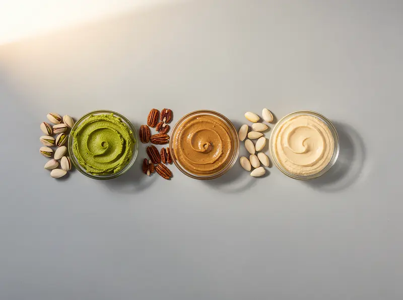 Pistachio paste, pecan paste and almond purée, each beside the nuts it is made from