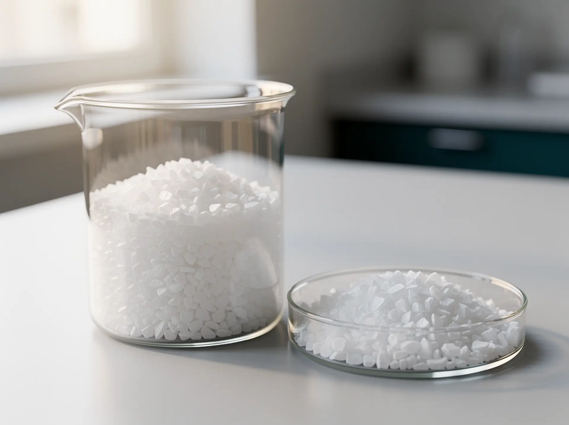 Dicalcium phosphate granulate in a glass beaker and a petri dish on a laboratory bench