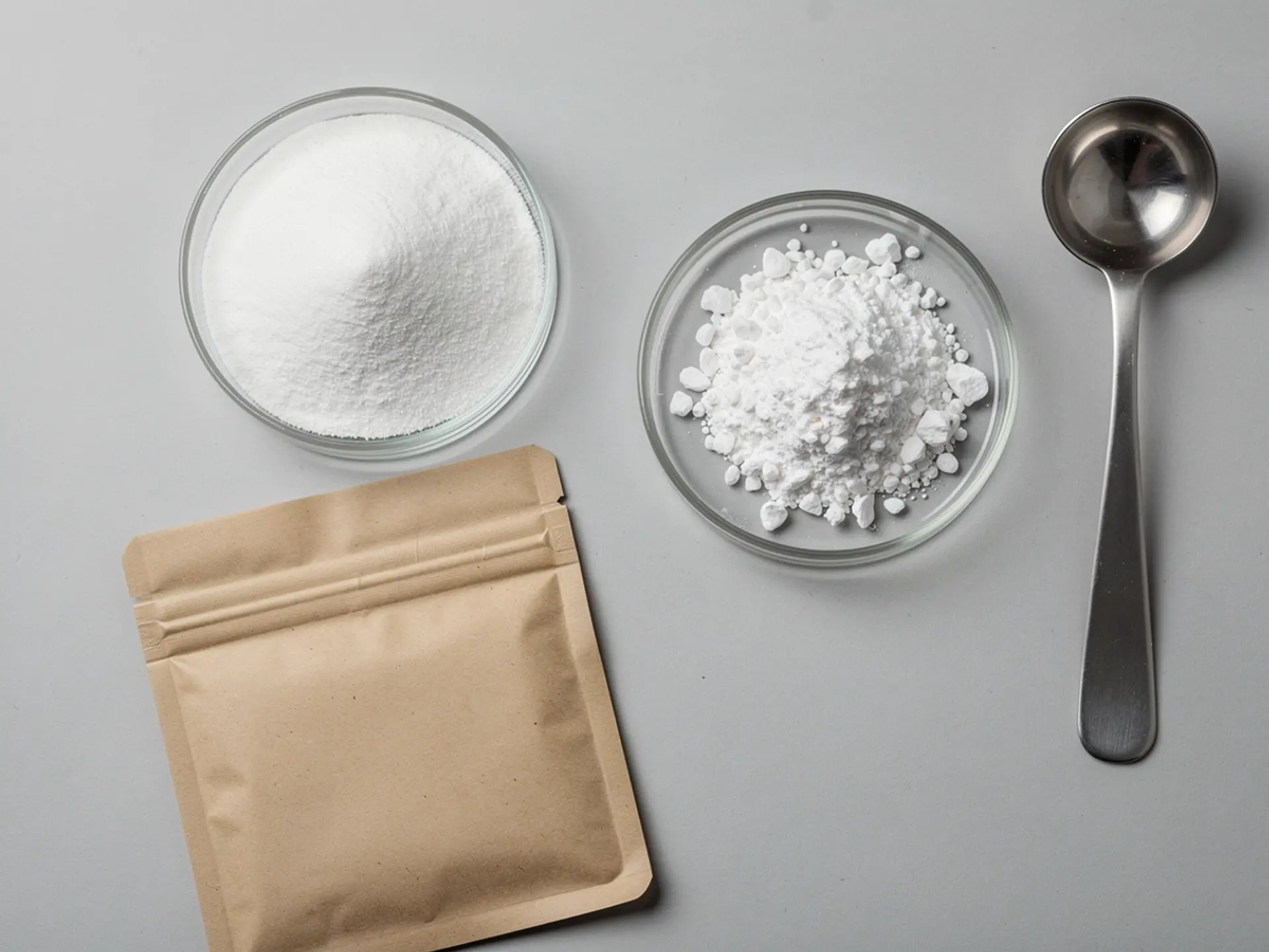 Magnesium powder and granulate in glass petri dishes