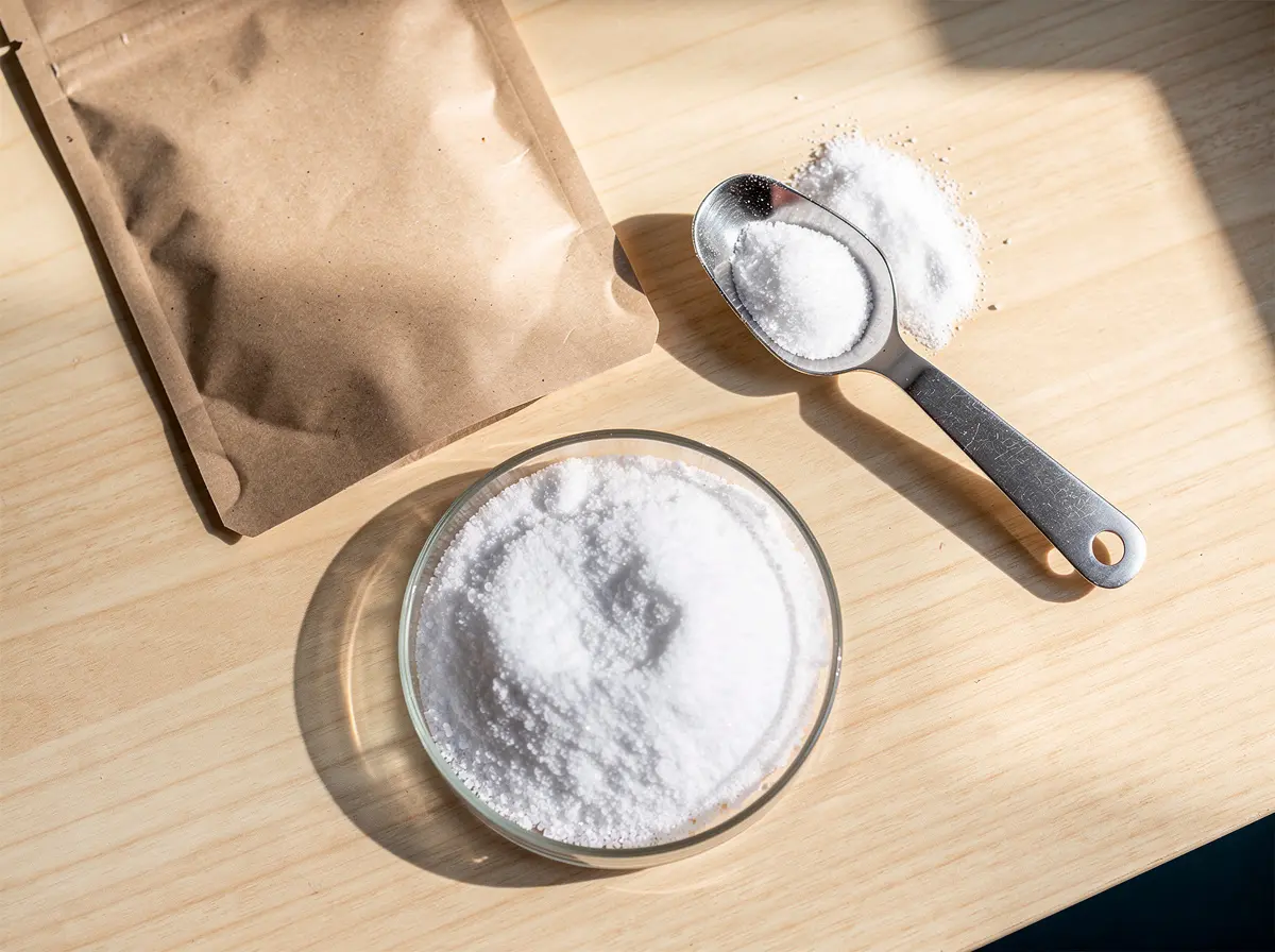 White crystalline amino acid powder with measuring scoop