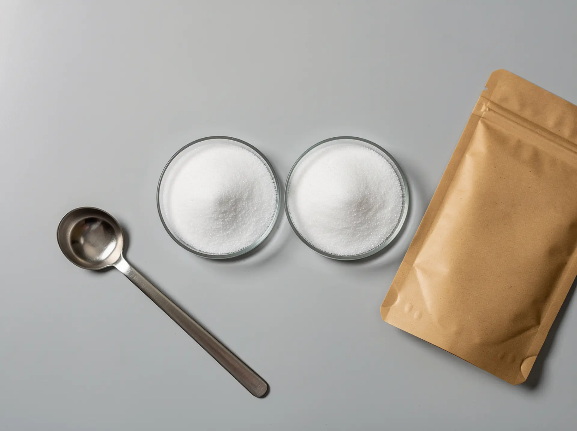 Glucosamine powder in glass petri dishes with a sampling scoop