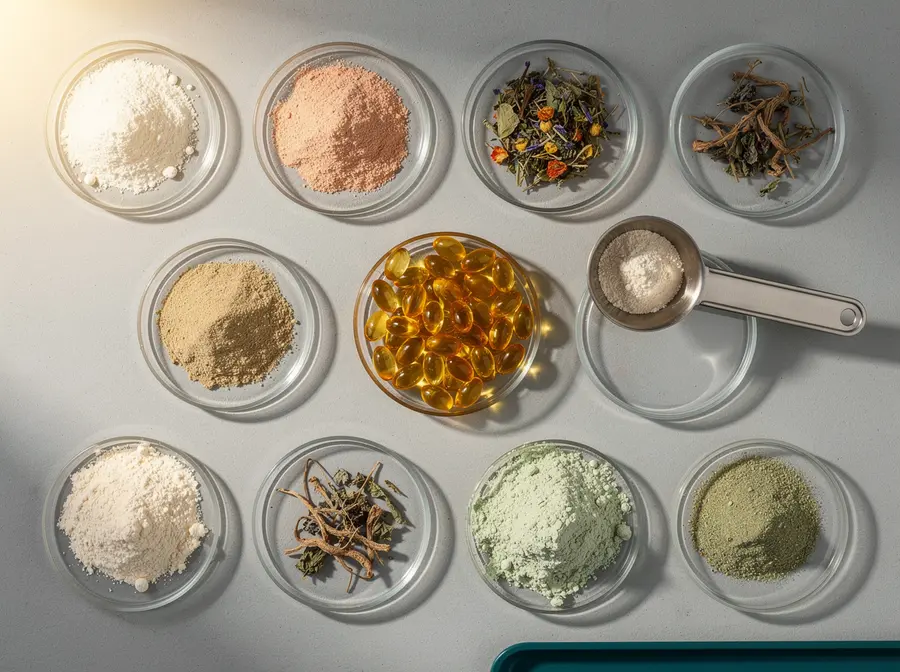 Ingredient powders, oils and botanicals in glass dishes