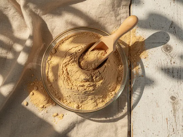 Milk caramel powder in a glass dish with a wooden scoop