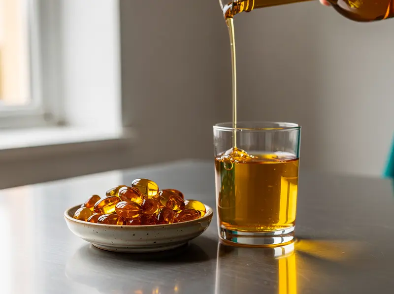 Amber marine oil poured beside softgels