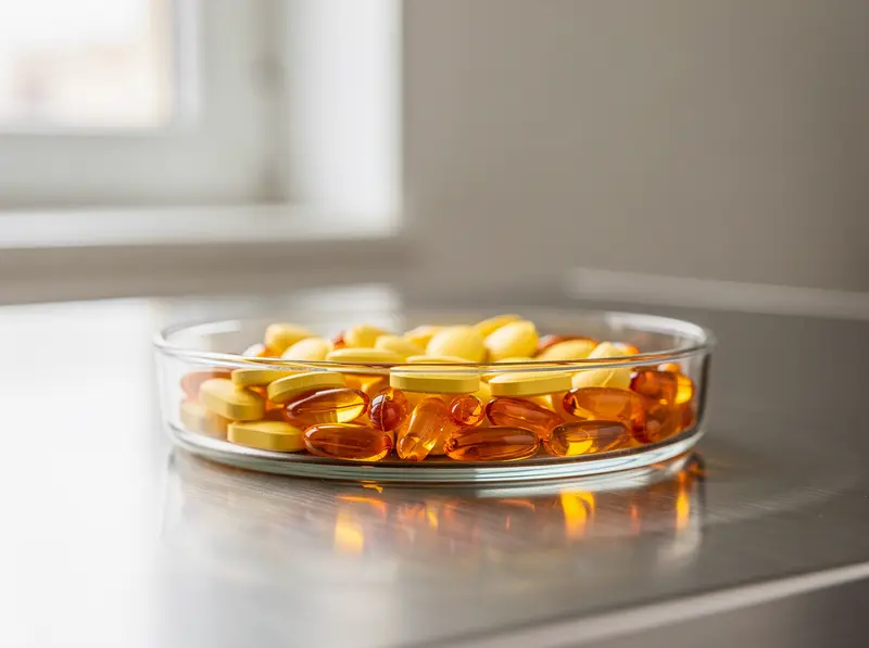 Assorted vitamin tablets and softgels