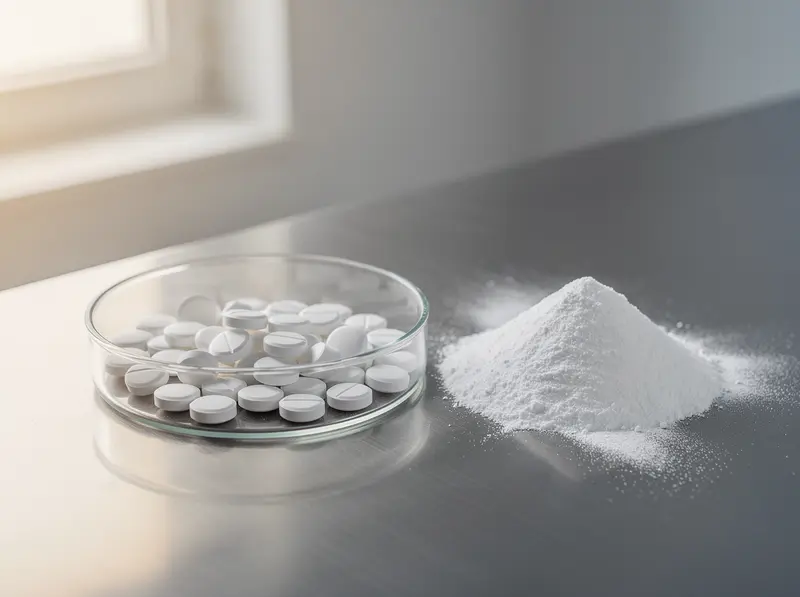 Uncoated tablets beside excipient powder