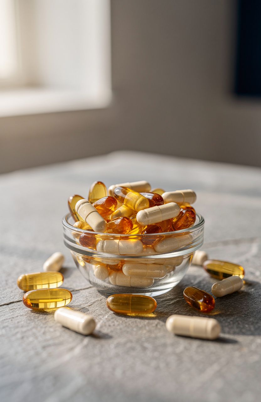Assorted supplement capsules and softgels in a glass bowl