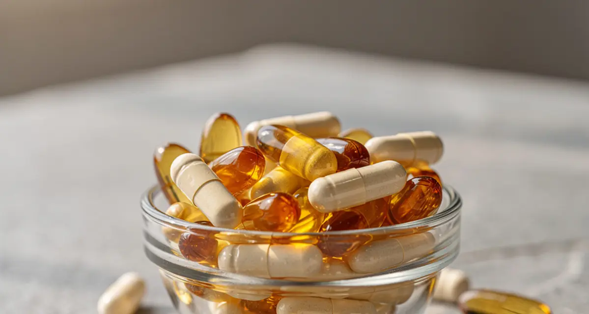 Assorted supplement capsules and softgels in a glass bowl