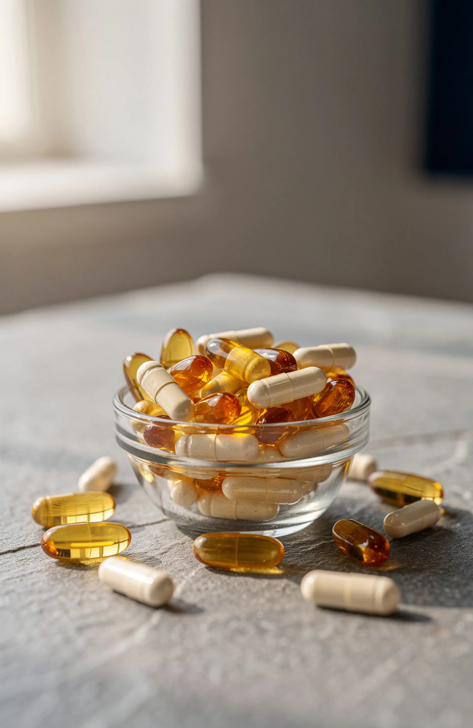 Assorted supplement capsules and softgels in a glass bowl